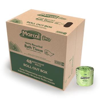 Marcal PRO™ 100% Recycled Bath Tissue, White, 2-Ply, 4&quot; x 4&quot;, Easy-Grip Roll-out Case, 240 Sheets/RL, 48 Rolls/CT