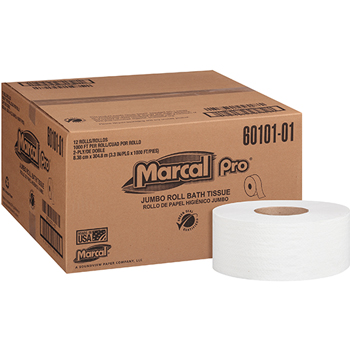 Marcal PRO 100% Recycled Jumbo Roll Toilet Paper, White, 2-Ply, 1000 ft./Roll, 9&quot; dia., 12/Carton