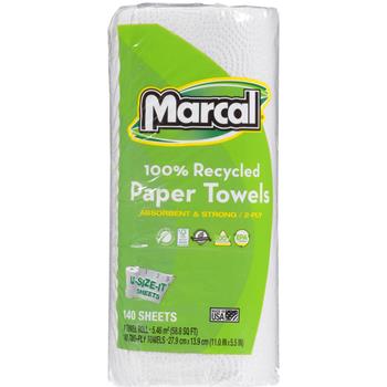 Marcal 100% Recycled Giant Roll Paper Towel, White, 2-Ply, 5.5&quot; x 11&quot; Sheets, 140 Sheets/RL, 12 Rolls/CT