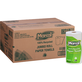 Marcal 100% Recycled Jumbo Roll Paper Towel, White, 2-Ply, 8.8&quot; x 11&quot; Sheets, 210 Sheets/RL, 12 Rolls/CT
