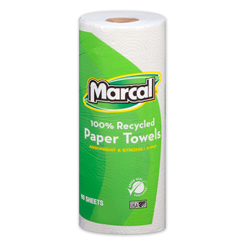 Marcal 100% Recycled Paper Towel, White, 2-Ply, 60 Sheets/Roll, 15 Rolls/CT