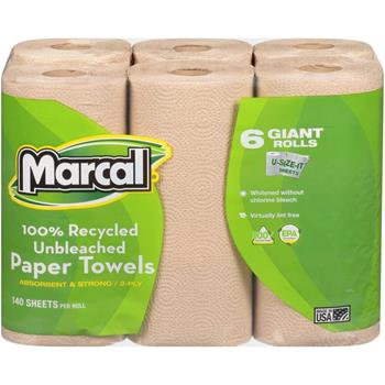 Marcal&#174; Paper Towels, 100% Recycled, Unbleached, Kraft, 2-Ply, 140 Sheets/Roll, 4 Packs Of 6 Rolls