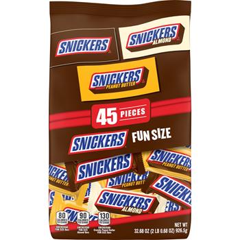 Mars Snickers Original, Peanut Butter &amp; Almond Variety Pack Fun Size Chocolate Candy Bars, 45 Piece Bag