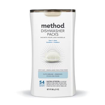 Method Dishwasher Soap Packs, Free n&#39; Clear, 54 Packs/Tub, 2/Carton