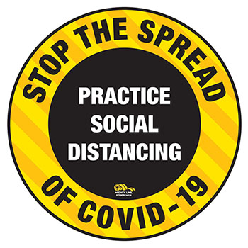 Mighty Line Stop The Spread Practice Social Distancing Floor Sign, 12&quot;, Yellow, 1/PK