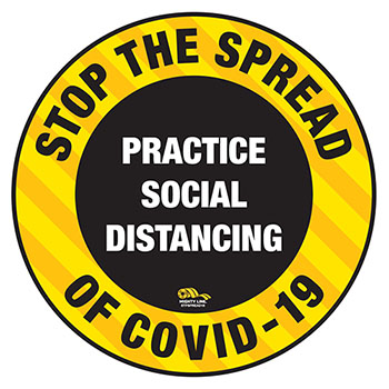 Mighty Line Stop The Spread Practice Social Distancing Floor Sign, 16&quot;, Yellow, 1/PK