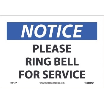 NMC™ Sign, Notice, Please Ring Bell For Service, Adhesive Vinyl, 4 Mil 7&quot;X10&quot;