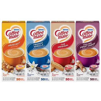 Coffee Mate Singles Variety Pack, Hazelnut, French Vanilla, Original, Italian Sweet Creme, 50 Cups/Box, 1 Box/Flavor, 4 Boxes/Pack