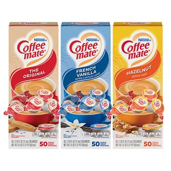 Coffee Mate Creamer Variety Pack, French Vanilla, Hazelnut, Original, 0.38 oz Mini Cups, 50/Box, 3 Boxes/Carton