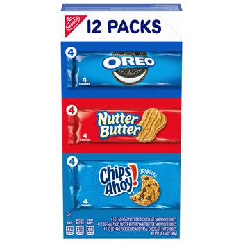 Nabisco Cookies Variety Pack, Oreo/Nutter Butter/Chips Ahoy!, 1.55-1.9 oz, 4 Cookies Per Sleeve, 12 Sleeves/Pack