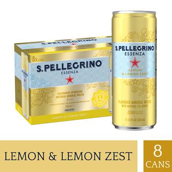 San Pellegrino Essenza Flavored Sparkling Mineral Water, Lemon &amp; Lemon Zest, 330 mL Cans, 8 Cans/Pack