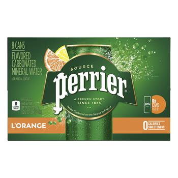 Perrier Sparkling Mineral Water, L&#39;Orange, 11.15 oz. Cans, 8 Cans/Pack