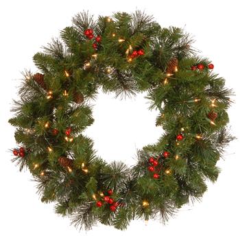 National Tree Company 24&quot; Crestwood Spruce Wreath with Silver Bristle and Clear Lights, Plug-In, Pine Cones/Red Berries/Glitter