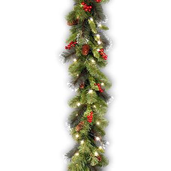 National Tree Company 9&#39; Crestwood Spruce Garland with Silver Bristle and Clear Lights, Plug-In, Pine Cones/Red Berries/Glitter, 10&quot; dia