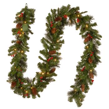 National Tree Company 9&#39; Crestwood Spruce Garland with Silver Bristle and White LED Lights, Battery Operated, Pine Cones/Red Berries/Glitter, 10&quot; dia