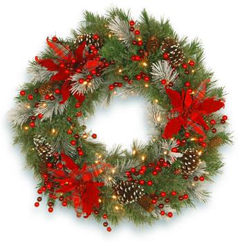 National Tree Company 30&quot; Decorative Collection Tartan Plaid Wreath with Warm White LED Lights, Battery Operated, Pine Cones/Red Berries/Poinsettias