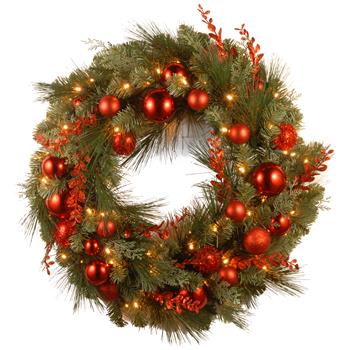 National Tree Company 24&quot; Decorative Collection Christmas Red Mixed Wreath with Warm White LED Lights, Battery Operated, Shiny Red Ball Ornaments