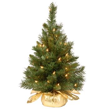 National Tree Company 24&quot; Majestic Fir Tree with Clear Lights, Gold Cloth Bag, Plug-In, 18&quot; dia