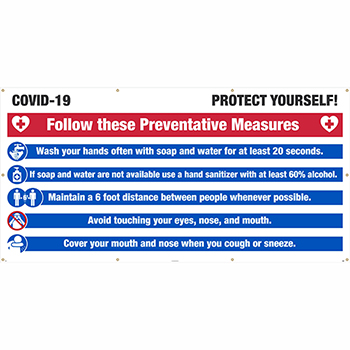 NMC Mesh Banner with Grommets, &quot;COVID-19 - Protect Yourself&quot;, 10&#39; x 5&#39;