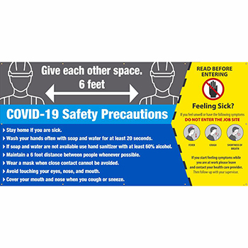 NMC Mesh Banner with Grommets, &quot;COVID-19  Safety Precautions&quot;, 12&#39; x 6&#39;