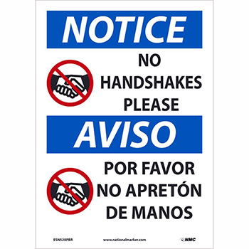 NMC Removable Vinyl Sign/Label, &quot;Notice - No Handshakes Please&quot;, Bilingual, 14&quot; x 10&quot;