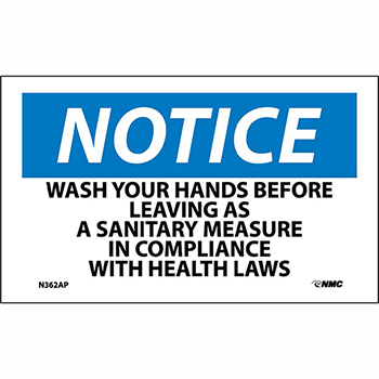 NMC Vinyl Sign/Label, &quot;Notice - Wash Hands Before Leaving&quot;, 3&quot; x 5&quot;, 5/PK