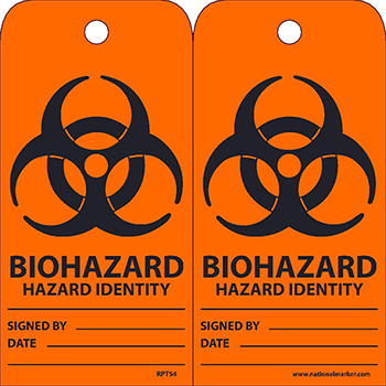 NMC Unrippable Vinyl Tags, &quot;Biohazard - Hazard Identity&quot;, 3&quot; x 6&quot;, Orange/Black, 25/PK