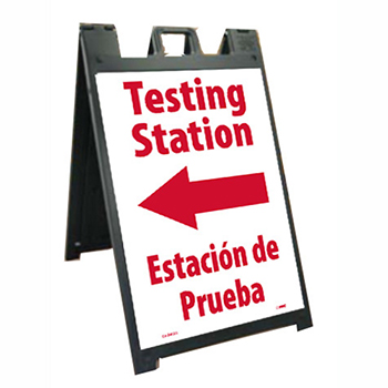 NMC Plastic A-Frame Stand and Sign Kit, &quot;Testing Station&quot;, Left Arrow, Bilingual, 25&quot; x 45&quot;
