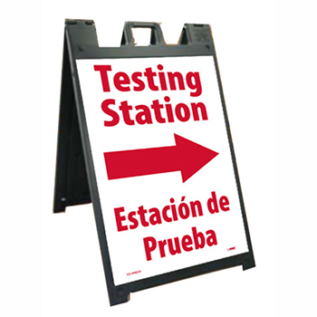 NMC Plastic A-Frame Stand and Sign Kit, &quot;Testing Station&quot;, Right Arrow, Bilingual, 25&quot; x 45&quot;