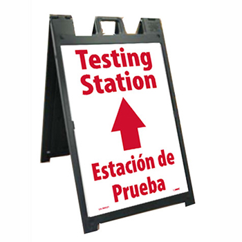 NMC Plastic A-Frame Stand and Sign Kit, &quot;Testing Station&quot;, Straight Arrow, Bilingual, 25&quot; x 45&quot;