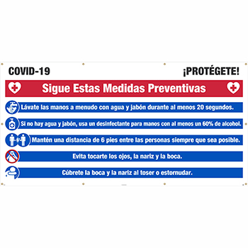 NMC Mesh Banner with Grommets, &quot;COVID-19 - Protect Yourself&quot;, Spanish, 10&#39; x 5&#39;