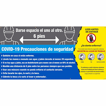 NMC Mesh Banner with Grommets, &quot;COVID-19 Safety Precautions&quot;, Spanish, 10&#39; x 5&#39;