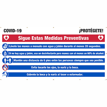 NMC Mesh Banner with Grommets, &quot;COVID-19 - Protect Yourself&quot;, Spanish, 12&#39; x 6&#39;
