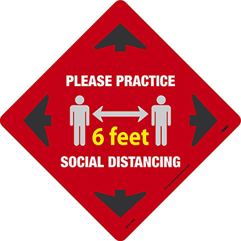 NMC Please Practice Social Distancing 6 FT, Red, 12 x 12, Pressure Sensitive Removable Vinyl .0045