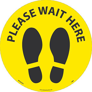 NMC Removable Vinyl Sign/Label, &quot;Please Wait Here&quot;, Non-Slip Lam, Floor, Yellow/Black, 8&quot; Dia