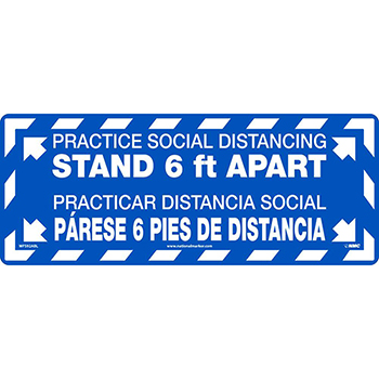NMC Practice Social Distancing Stand 6 FT Apart, Floor Sign, Blue, Temp-Step Material, 8 x 20, English/Spanish