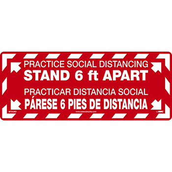 NMC Practice Social Distancing Stand 6 FT Apart, Floor Sign, Red, Walk-On Material , 8 x 20, English/Spanish