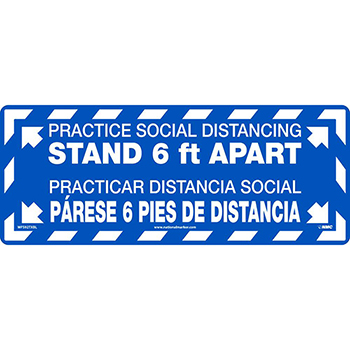 NMC Practice Social Distancing Stand 6 FT Apart, Floor Sign, Blue, TexWalk Material , 7.63 x 19.63, English/Spanish