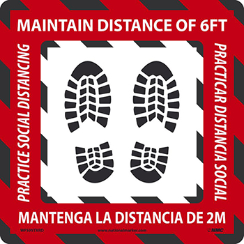 NMC Caution Social Distancing Footprints, Red, 11.75 x 11.75, TexWalk Material, English/Spanish