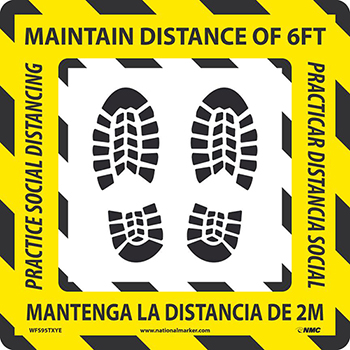 NMC Caution Social Distancing Footprints, Black/Yellow, 11.75 x 11.75, TexWalk Material, English/Spanish