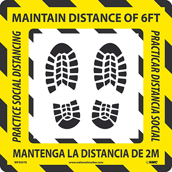 NMC Caution Social Distancing Footprints, 12 x 12, Walk On Material,English/Spanish, Black /Yellow