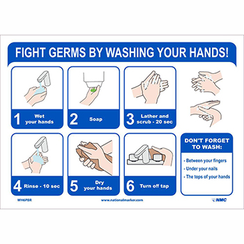 NMC Removable Vinyl Sign/Label, &quot;Fight Germs By Washing Your Hands&quot;, 14&quot; x 10&quot;