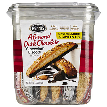 Nonni&#39;s Cioccolati Dark Chocolate Almond Biscotti Tub, 0.85 oz, 25 Count