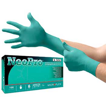 Microflex NeoPro&#174; Neoprene Exam Glove, Textured Fingertips, Medium, Green, 100/BX