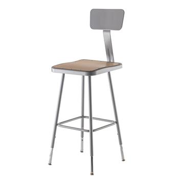 National Public Seating 25&quot;-33&quot; Height Adjustable Heavy Duty Square Seat Steel Stool with Backrest, Grey