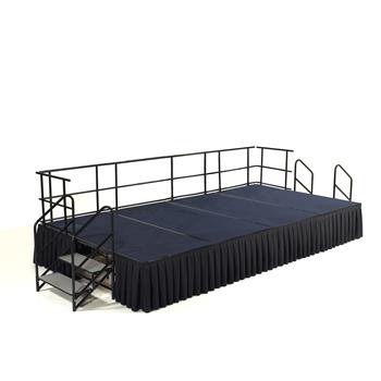 National Public Seating 8&#39; x 16&#39; Stage Package, 24&quot; Height, Blue Carpet, Box Pleat Black Skirting