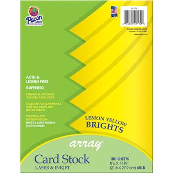 Pacon Array Card Stock, 65 lb, 8.5&quot; x 11&quot;, Lemon Yellow, 100 Sheets/Pack
