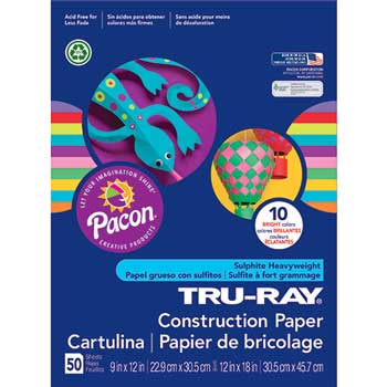 Pacon Tru-Ray Construction Paper, 76 lb, 12&quot; x 18&quot;, Bright Assorted Colors, 50 Sheets/Pack