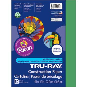 Pacon Tru-Ray Construction Paper, 76 lb, 9&quot; x 12&quot;, Holiday Green, 50 Sheets/Pack