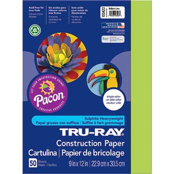 Pacon Tru-Ray Construction Paper, 76 lb, 9&quot; x 12&quot;, Brilliant Lime, 50 Sheets/Pack